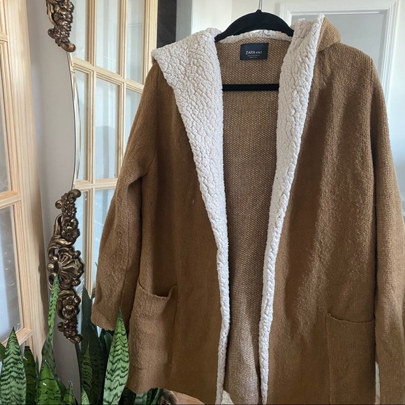 Zara Tan Faux Shearling Knit Hooded Cardigan - Picture 3 of 7